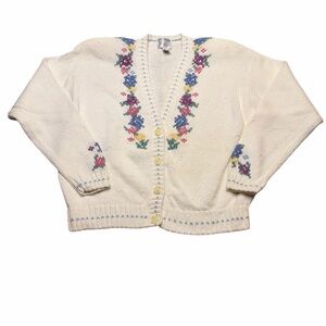 🌸 Vintage Van Heusen‎ Hand Embroidered Floral Knit Cardigan XL 🧶💐